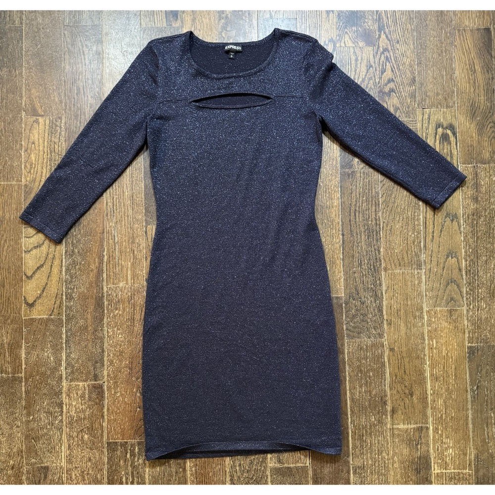 Express Dress Navy Blue Silver Metallic BodyCon 3/4 Sleeve Cut Out‎ Size S/P